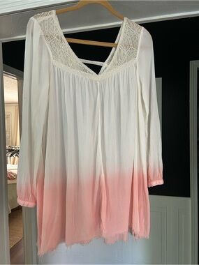 Free People Ivory to Pink Ombre Lace V-Neck Peasant Blouse